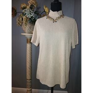 Linda Michael Tunic Top Womens Large Beige Short Sleeve Gold Metallic Turtleneck